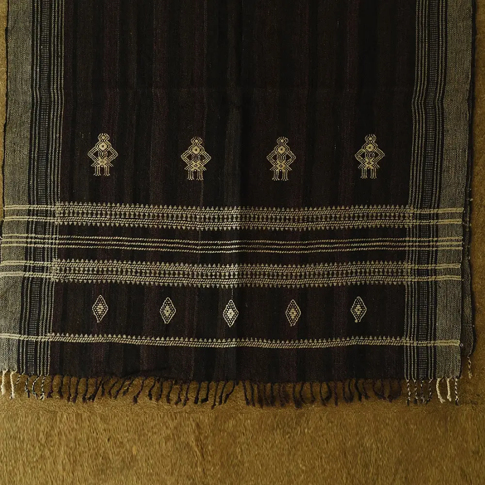 shop Kutchi Bhujodi Handspun Raw Woolen Shawl -Dark Brown