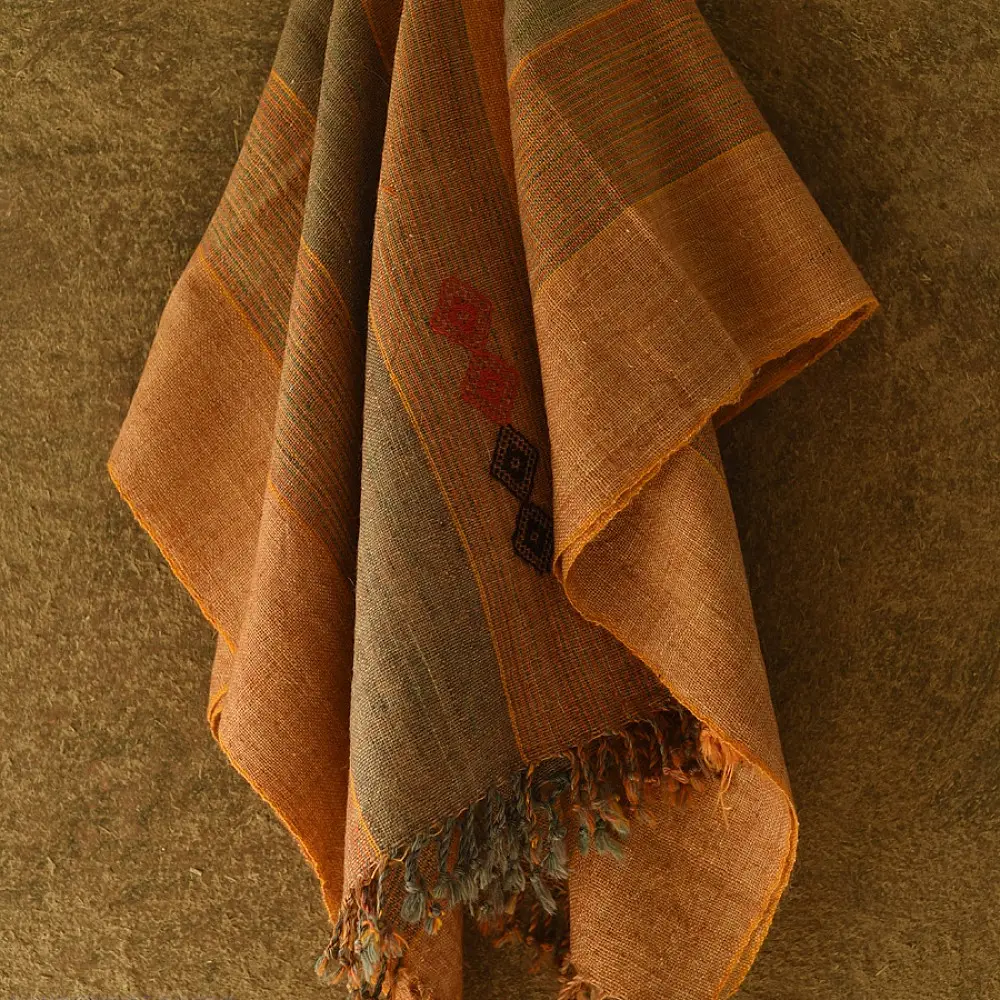 shop Kutchi Bhujodi Handspun Raw Woolen Shawl -Yellow Broad Stripes