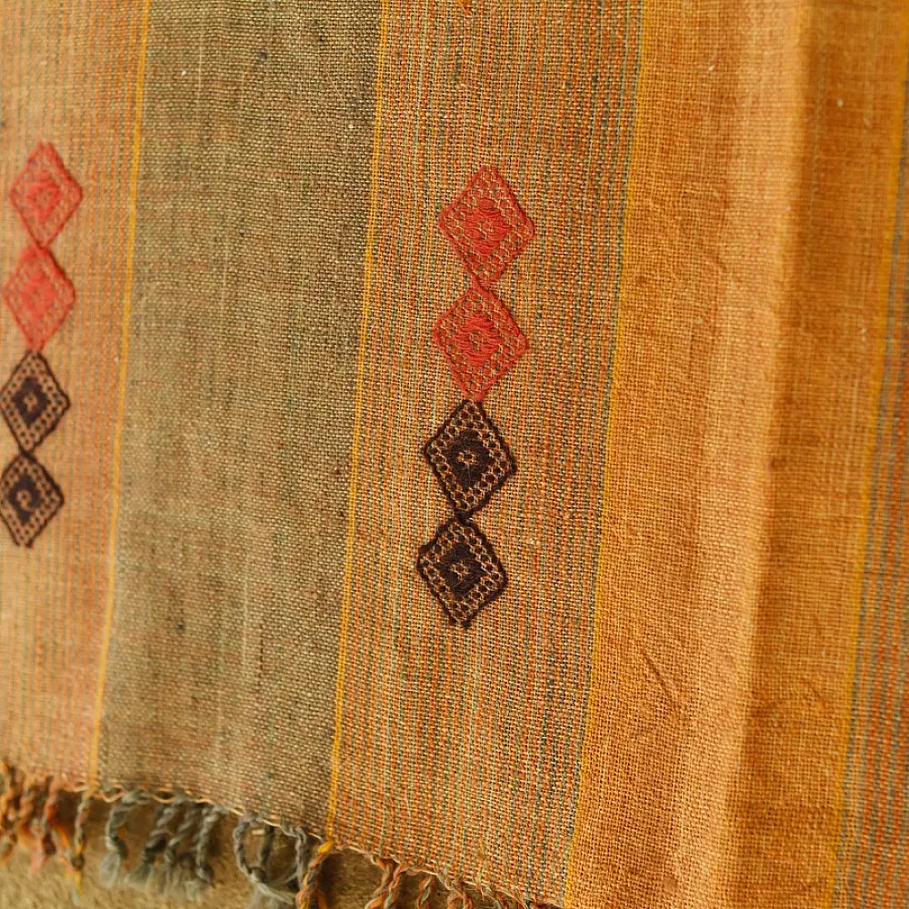 shop Kutchi Bhujodi Handspun Raw Woolen Shawl -Yellow Broad Stripes