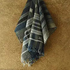Salt Deserts of Kutch ☼ Bhujodi Handloom Raw Woolen Shawl - Grey & Blue Stripes