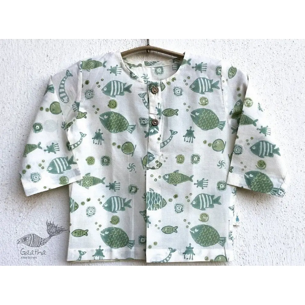 mint green organic cotton full sleeved kids top with green fish prints and matching sage green pants