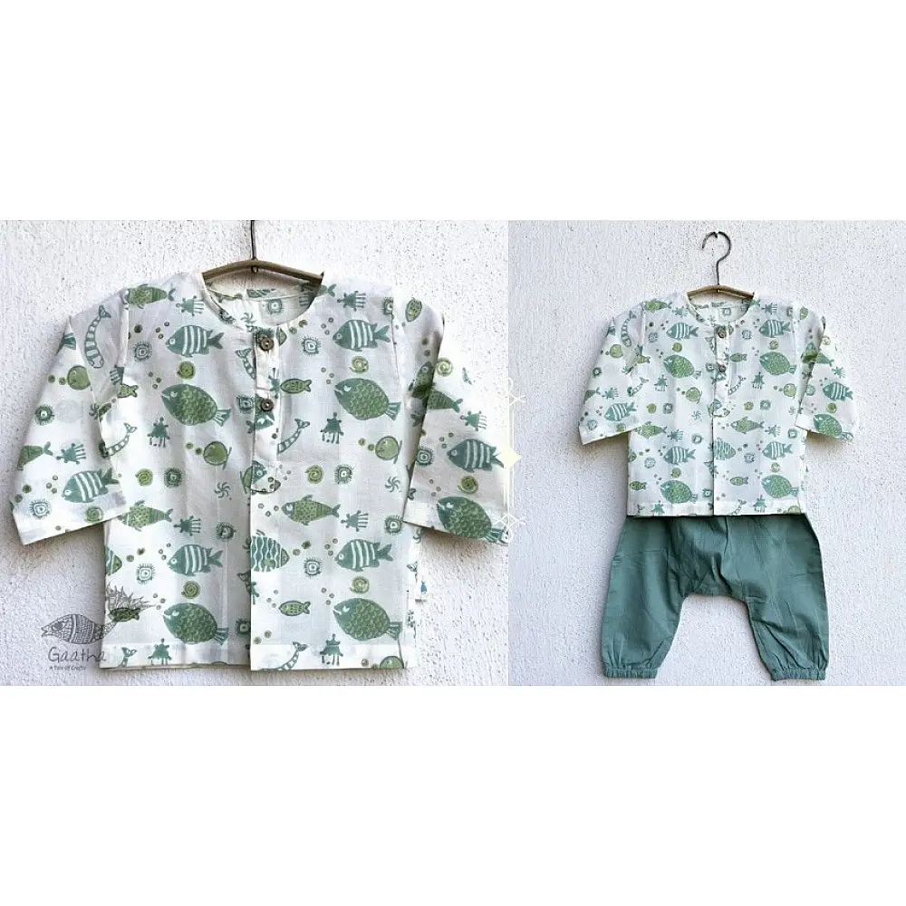 mint green organic cotton full sleeved kids top with green fish prints and matching sage green pants