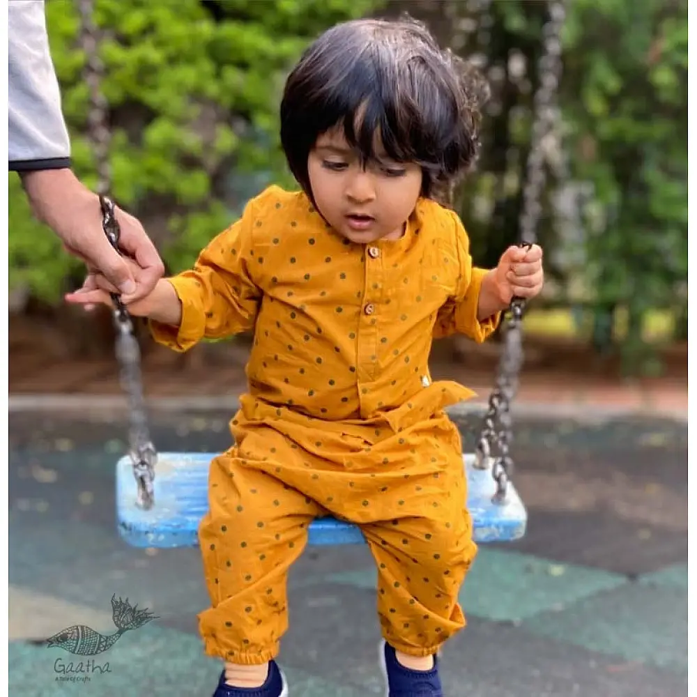 mustard yellow block printed organic cotton unisex kids kurta with matching pants