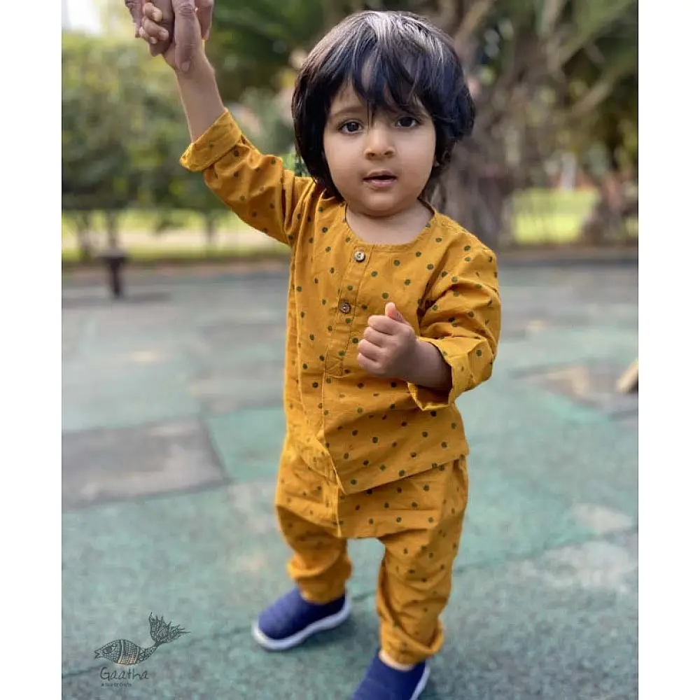 mustard yellow block printed organic cotton unisex kids kurta with matching pants