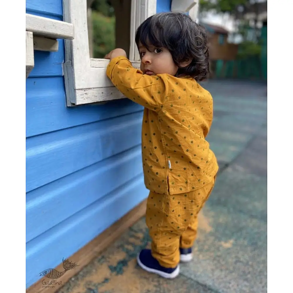mustard yellow block printed organic cotton unisex kids kurta with matching pants