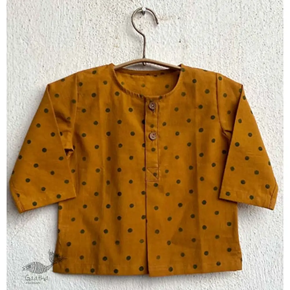 mustard yellow block printed organic cotton unisex kids kurta with matching pants