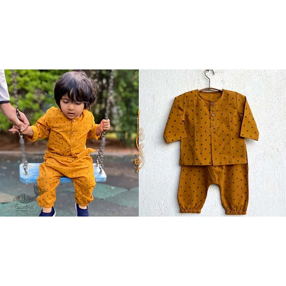 mustard yellow block printed organic cotton unisex kids kurta with matching pants
