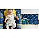 organic cotton newborn luxury bedding gift set in indigo blue zoo print featuring a soft dohar blanket round ruffle pillow matching bolsters and wooden maracas