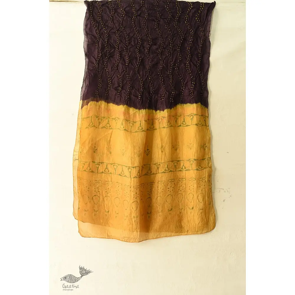 shop Handcrafted Ajrakh Bandhani Dark Violet Color Silk Stole