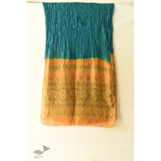 shop Tabi Silk Ajrakh Bandhani Teal Color Stole