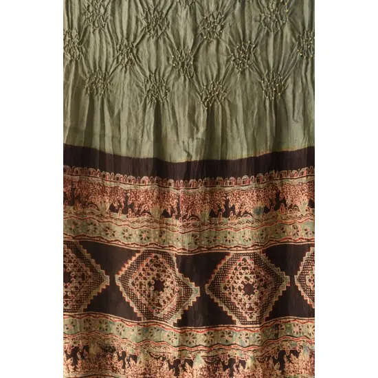 shop silk stole handcrafted - Greenish Grey ajrakh bandhani