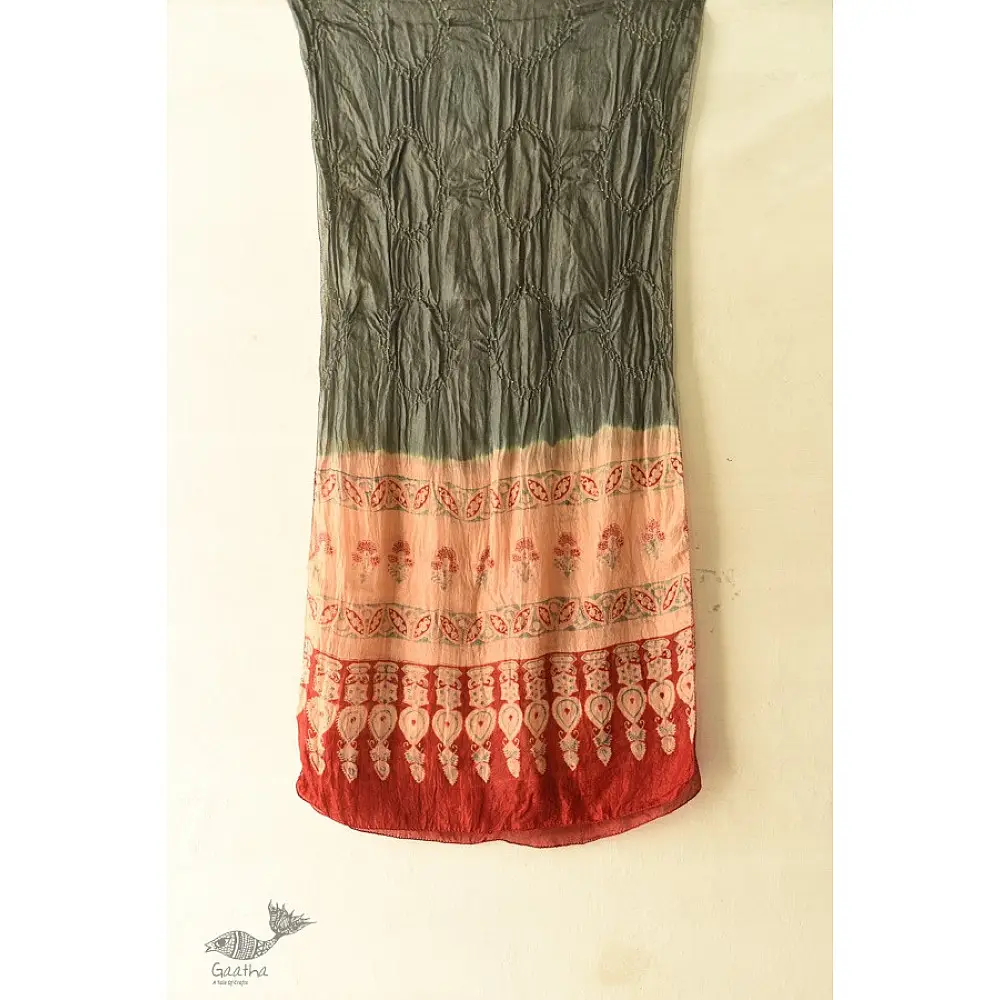 shop silk stole handcrafted - grey & red ajrakh bandhani