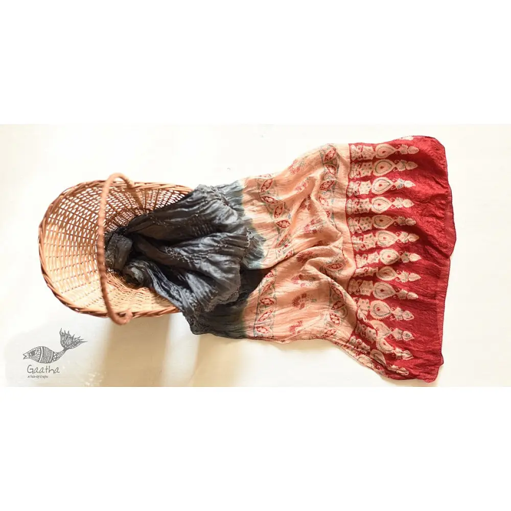 shop silk stole handcrafted - grey & red ajrakh bandhani