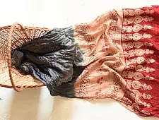 Flavors of fusion | Silk Ajrakh Bandhani Stole - Greenish Grey With Red Daaman