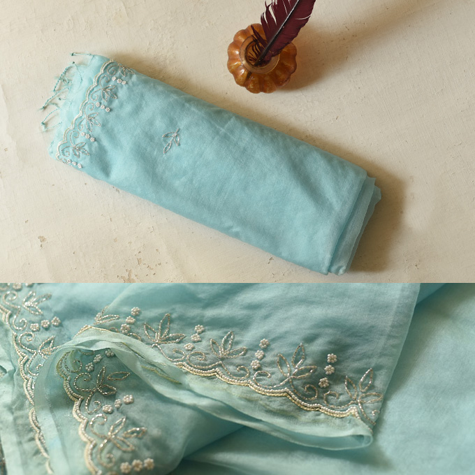 shop Handloom Organza Saree - Hand Embroidered Glass Beads