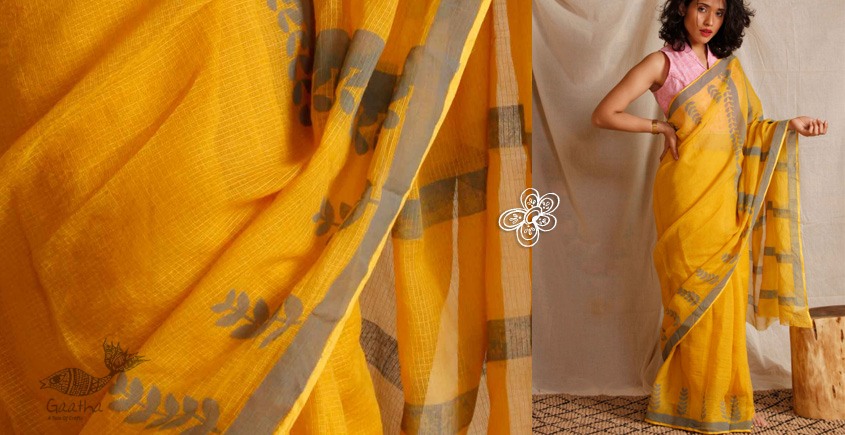 Yellow kota silk hand block printed saree