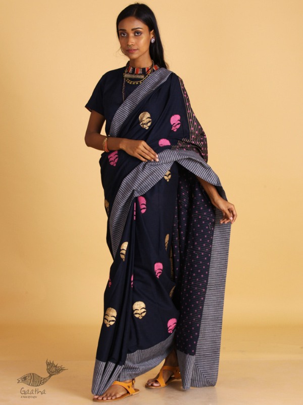 Navy Blue  ⚉  Block printed ⚉ Saree