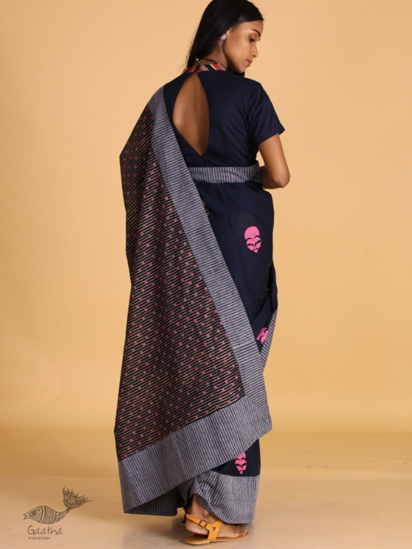 Navy Blue  ⚉  Block printed ⚉ Saree