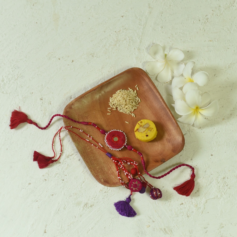 shop Handmade Rakhi - Pink Patwa-ari Bhai-Bhabhi Rakhi Set