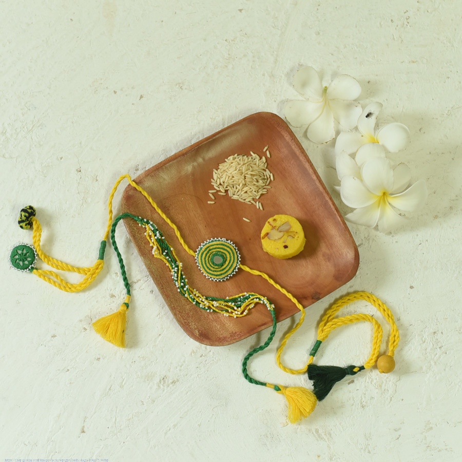 shop Handmade Rakhi - Yellow green bhai-bhabhi rakhi set