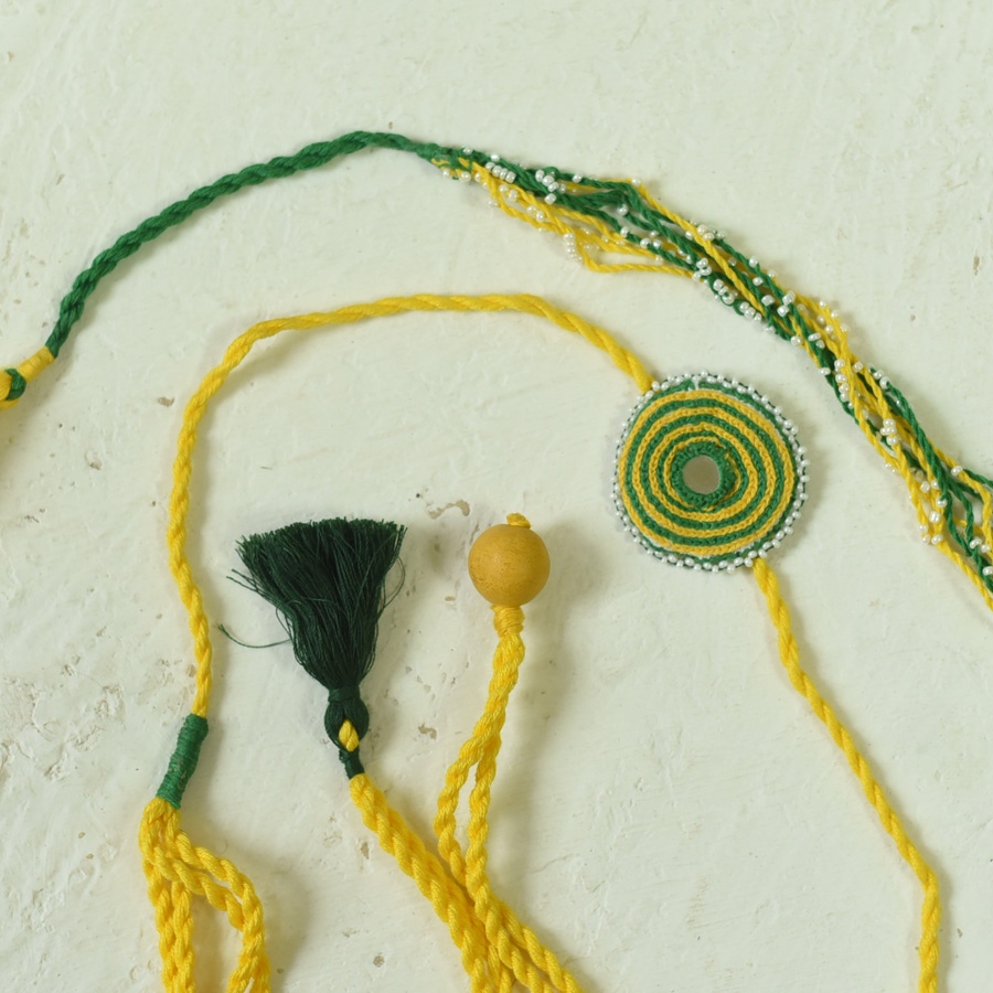 shop Handmade Rakhi - Yellow green bhai-bhabhi rakhi set