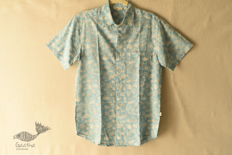 shop  Sanganeri Blok Print - Cotton Half Sleeve Shirt - Sky Blue