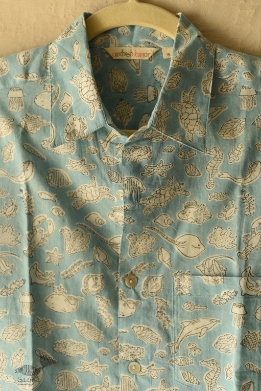 shop  Sanganeri Blok Print - Cotton Half Sleeve Shirt - Sky Blue