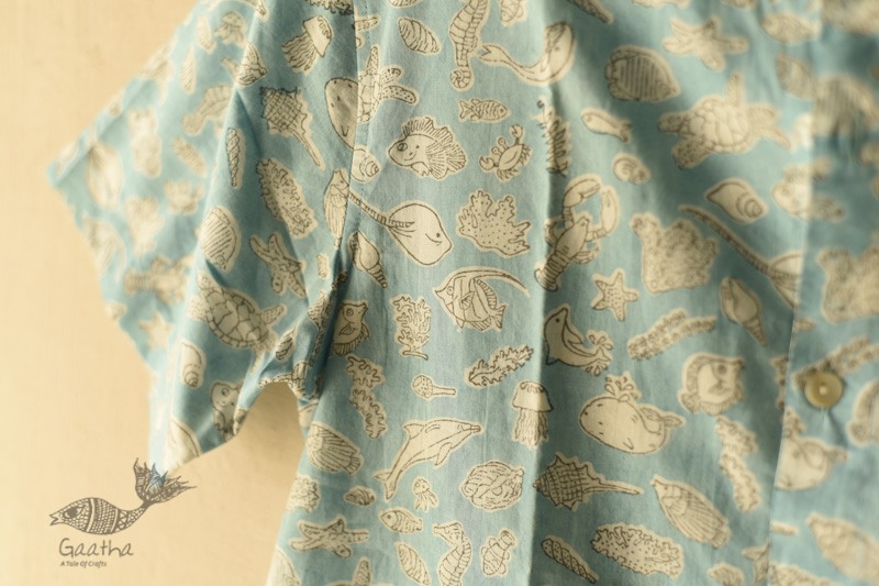 shop  Sanganeri Blok Print - Cotton Half Sleeve Shirt - Sky Blue