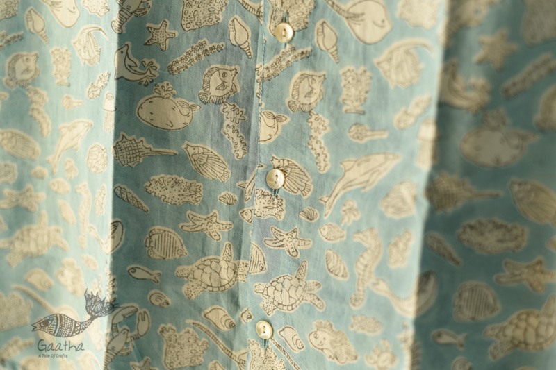 shop  Sanganeri Blok Print - Cotton Half Sleeve Shirt - Sky Blue