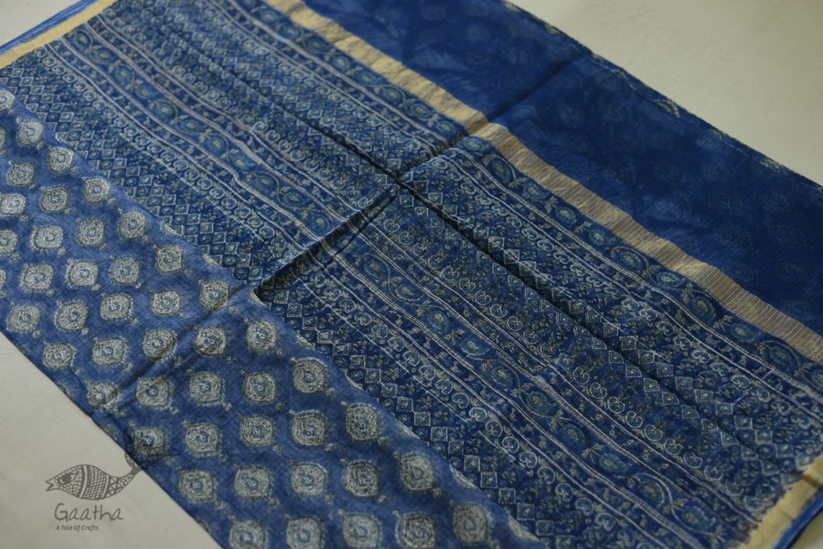 shop Kota Cotton Blue Saree - Sanganeri Block Printed