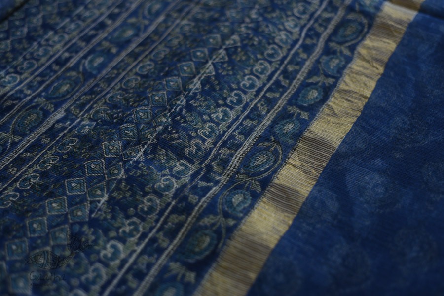 shop Kota Cotton Blue Saree - Sanganeri Block Printed