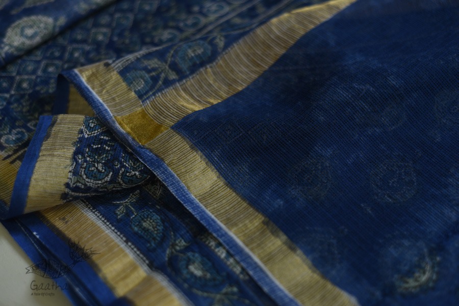 shop Kota Cotton Blue Saree - Sanganeri Block Printed