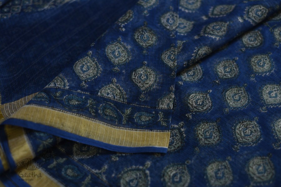 shop Kota Cotton Blue Saree - Sanganeri Block Printed