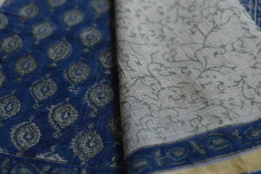 shop Kota Cotton Blue Saree - Sanganeri Block Printed