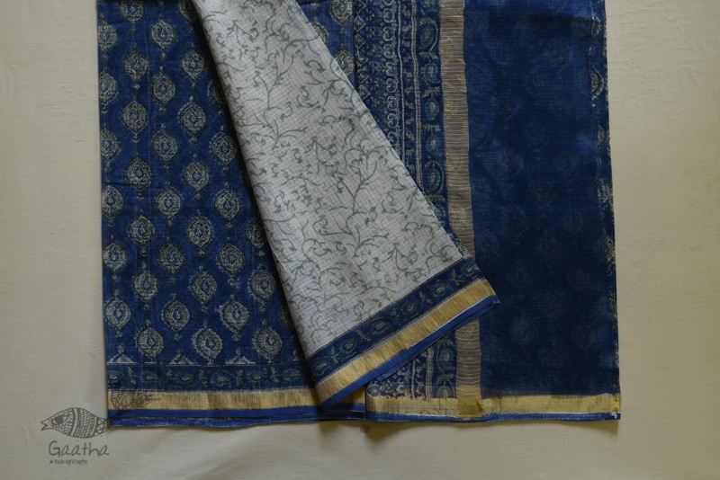 shop Kota Cotton Blue Saree - Sanganeri Block Printed