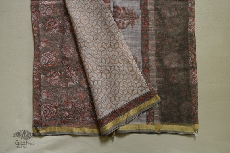 shop Sanganeri Block Prints - Kota Cotton Saree  with Zari Border