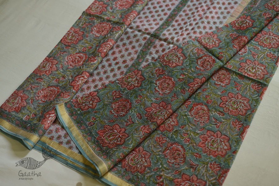 shop Sanganeri Block Prints - Kota Cotton Saree  with Zari Border