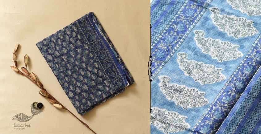 Blue Base Floral Print on Cotton Denim Dress Material Fabric - Charu  Creation
