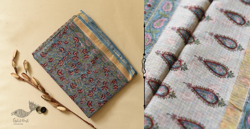 Pure Cotton Kota Doria Block Printed Saree with Zari Border, White, SR –  Scarlet Thread
