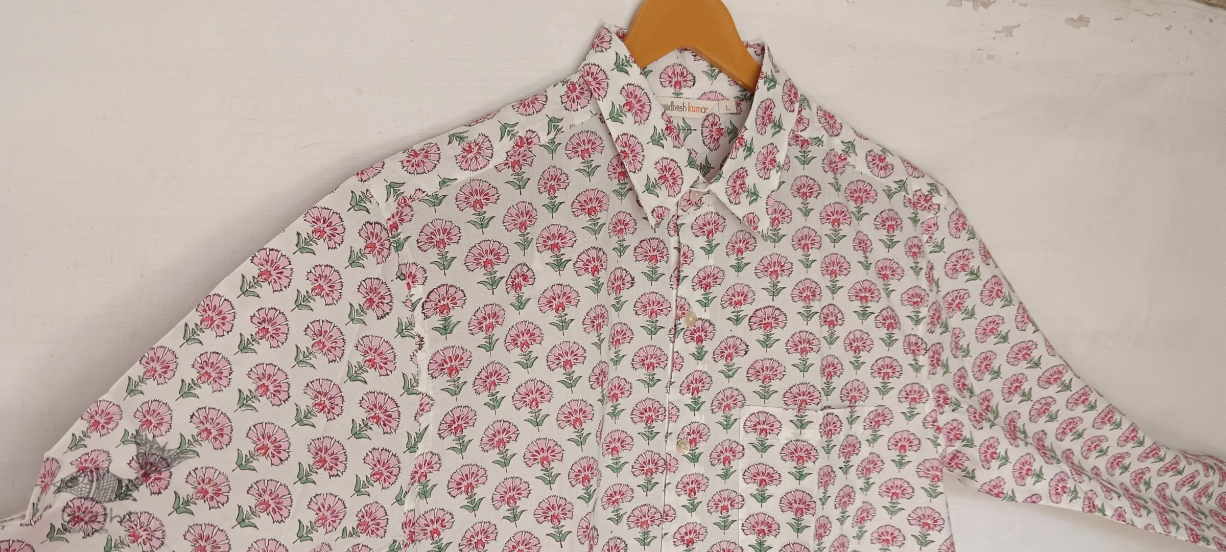 shop Sanganeri Block Printed - Cotton Full Sleeve Shirt - Pink Flowers