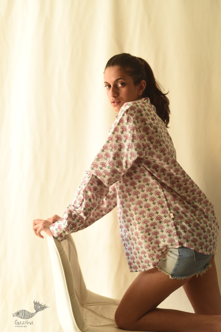 shop Sanganeri Block Printed - Cotton Full Sleeve Shirt - Pink Flowers