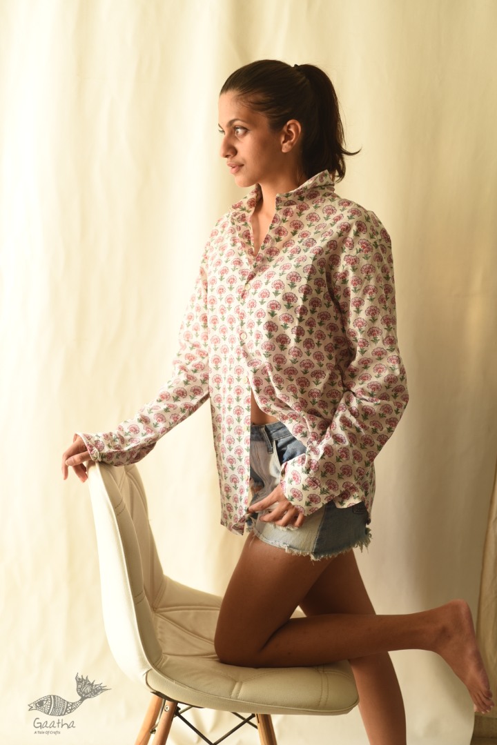 shop Sanganeri Block Printed - Cotton Full Sleeve Shirt - Pink Flowers