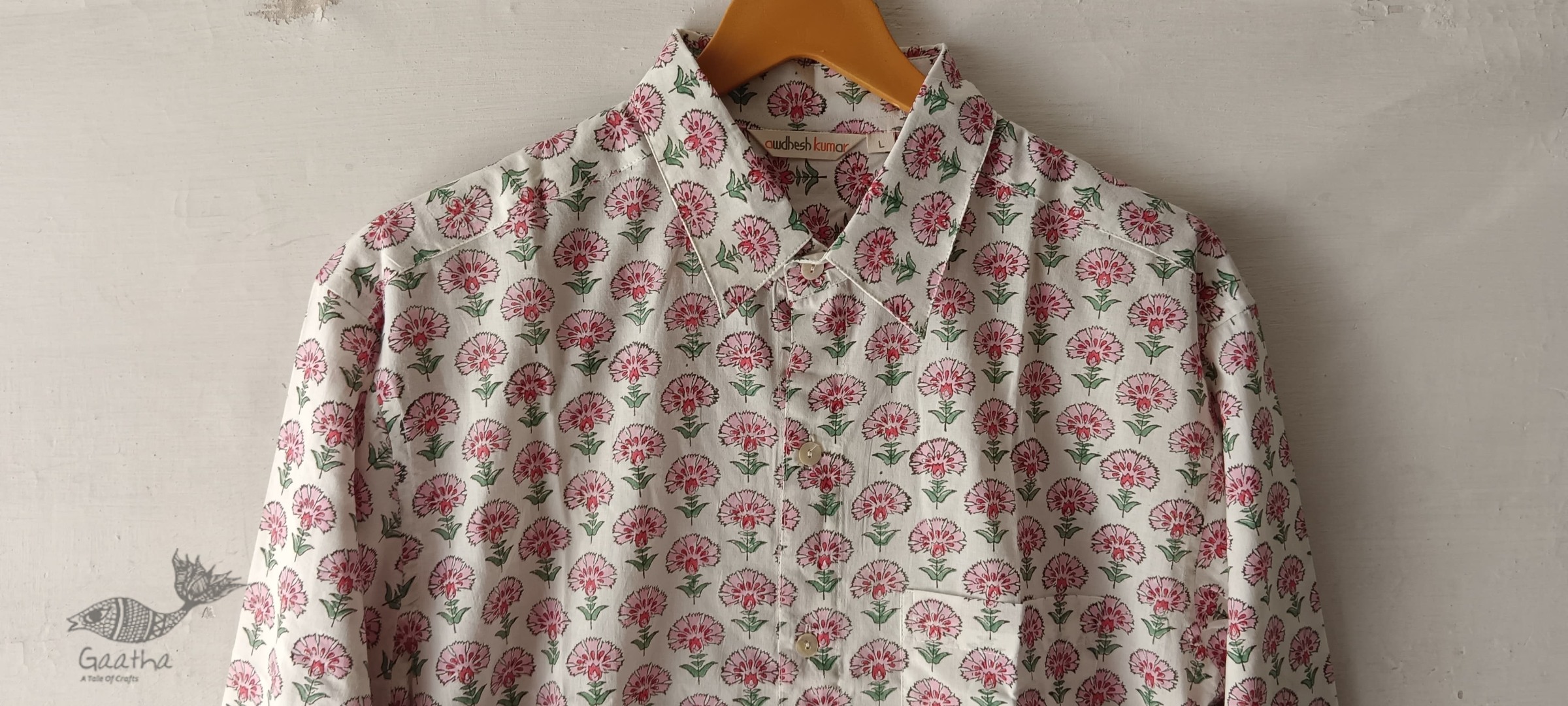 shop Sanganeri Block Printed - Cotton Full Sleeve Shirt - Pink Flowers