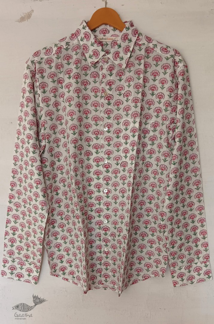 shop Sanganeri Block Printed - Cotton Full Sleeve Shirt - Pink Flowers