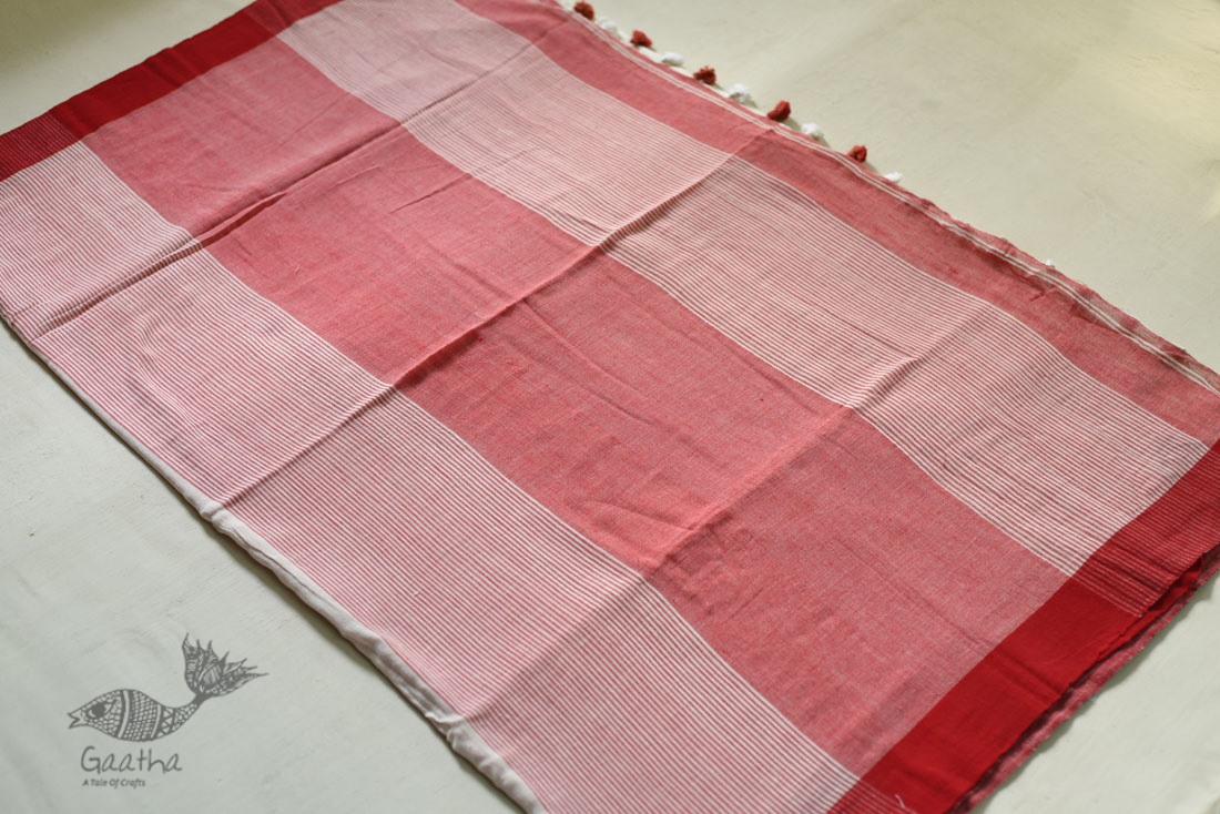 shop cotton handloom  saree - Off White & Red