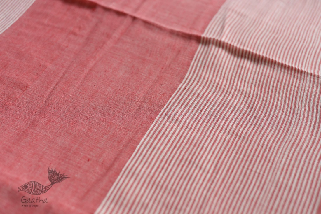 shop cotton handloom  saree - Off White & Red