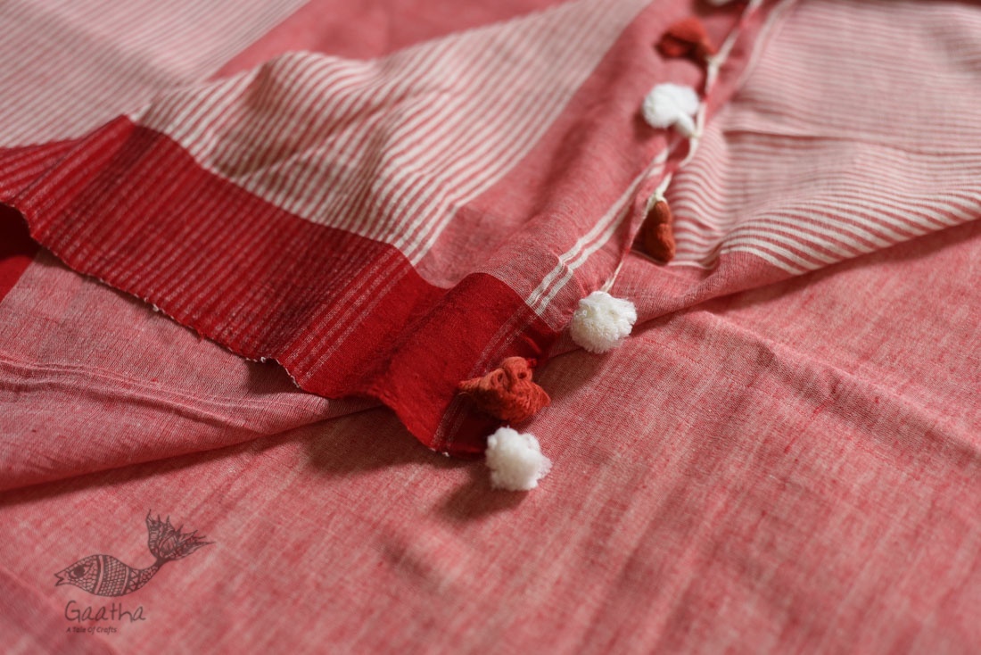 shop cotton handloom  saree - Off White & Red