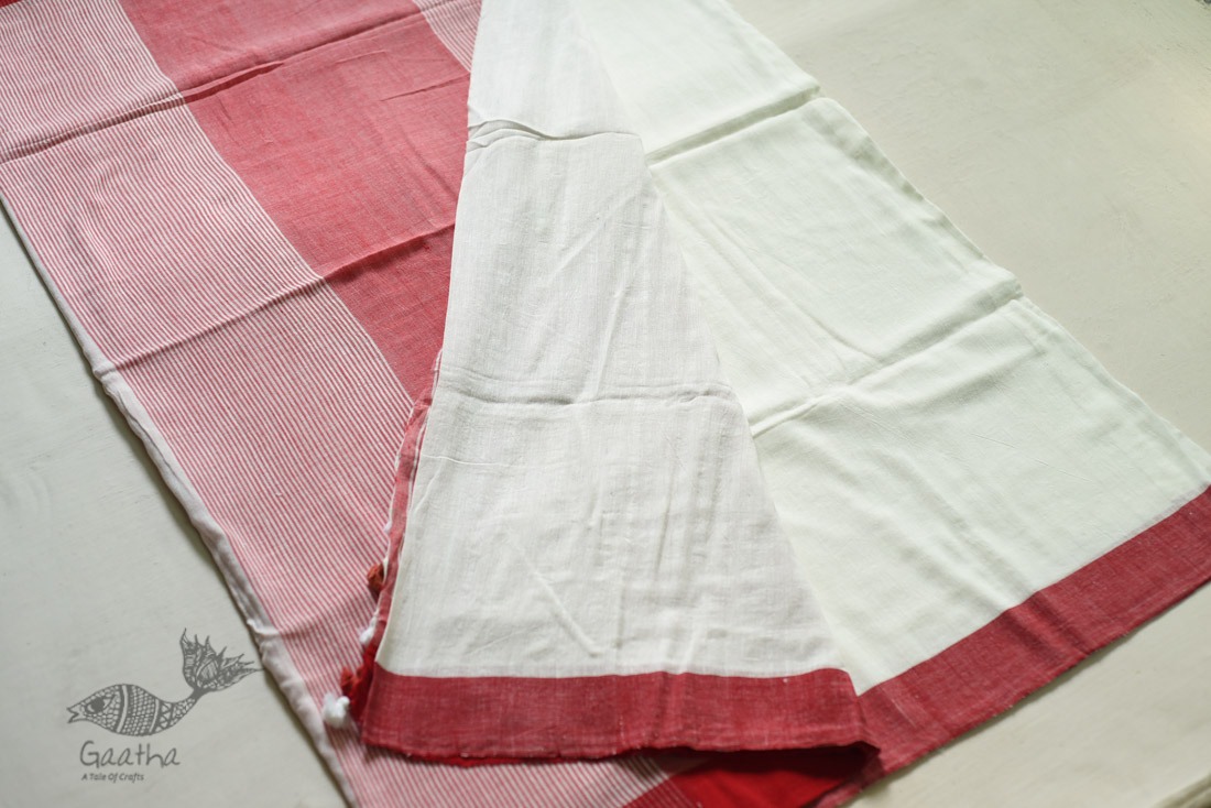 shop cotton handloom  saree - Off White & Red