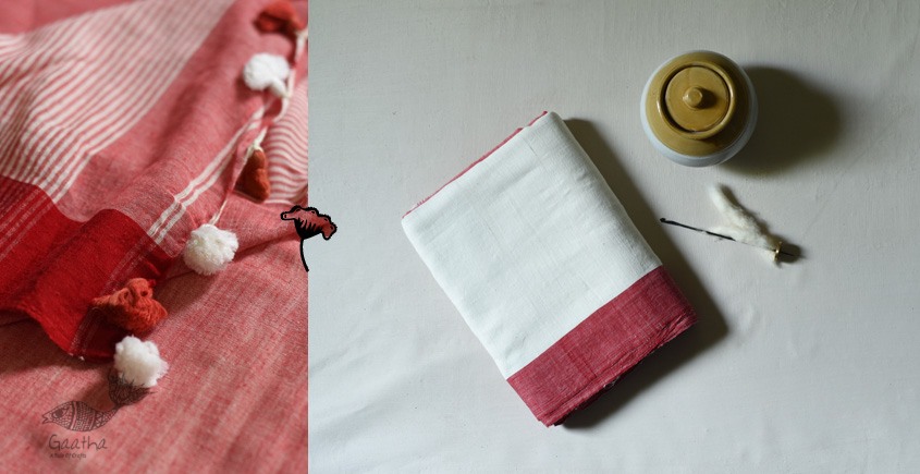 shop cotton handloom  saree - Off White & Red