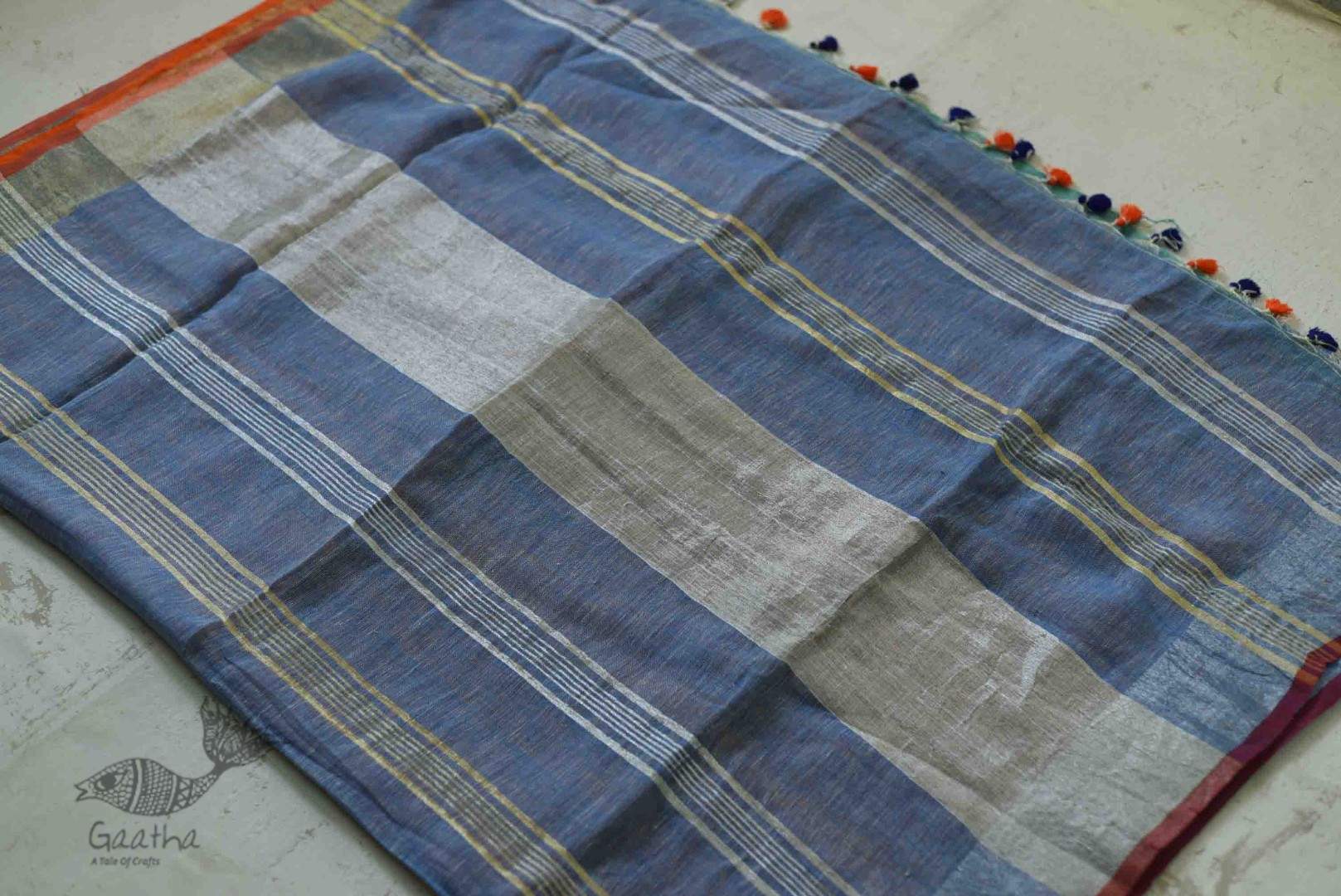 Handloom Linen Saree in Blue Colour